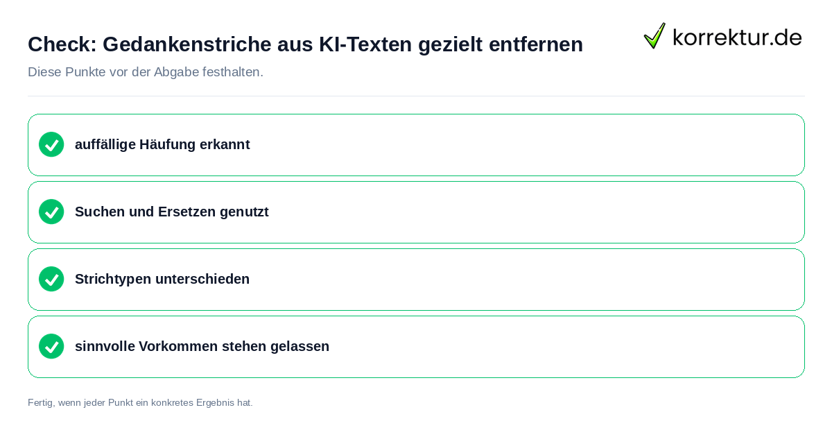 Gedankenstriche aus KI-Texten gezielt entfernen: Prüfliste mit vier Punkten