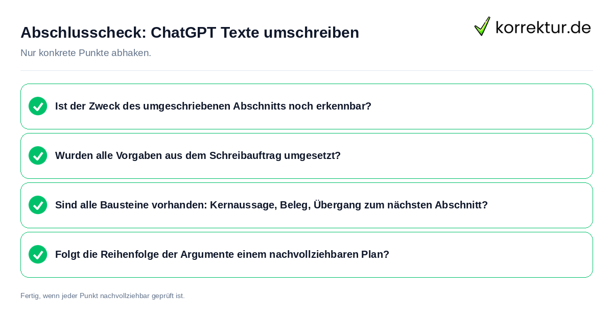 Abschlusscheck: ChatGPT Texte umschreiben Konkreter Abschlusscheck zu ChatGPT Texte umschreiben