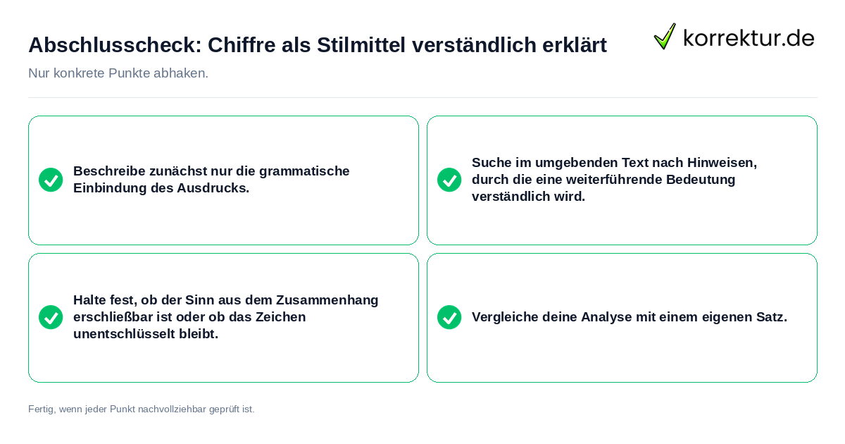 Konkreter Abschlusscheck zu Chiffre als Stilmittel verständlich erklärt
