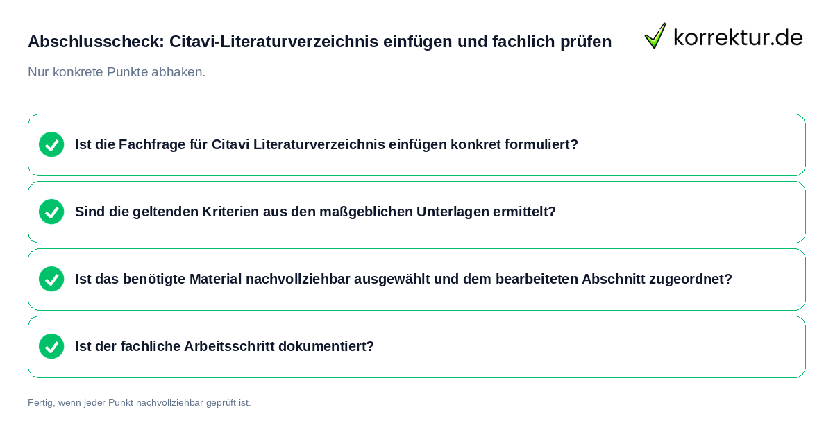 Konkreter Abschlusscheck zu Citavi-Literaturverzeichnis einfügen und fachlich prüfen