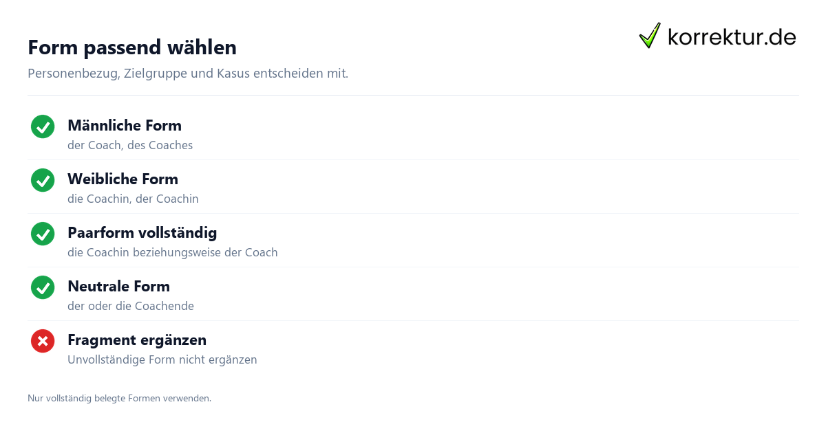 Coach und Coachin passend gendern, Formen nach Satzkontext prüfen