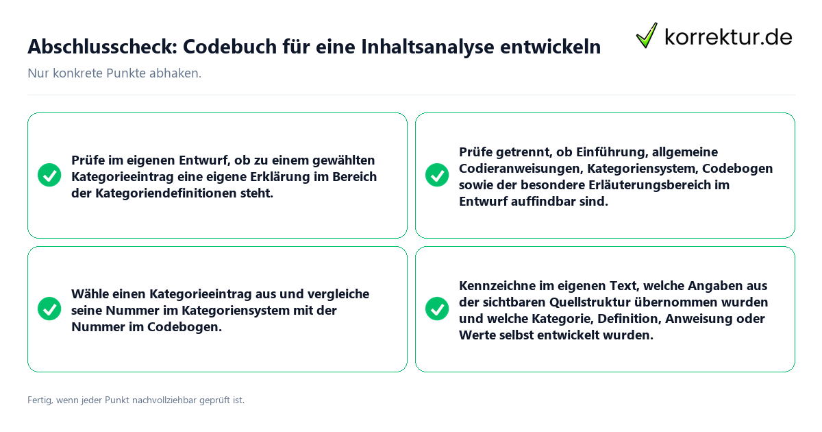 Abschlusscheck: Codebuch für eine Inhaltsanalyse entwickeln Konkreter Abschlusscheck zu Codebuch für eine Inhaltsanalyse entwickeln