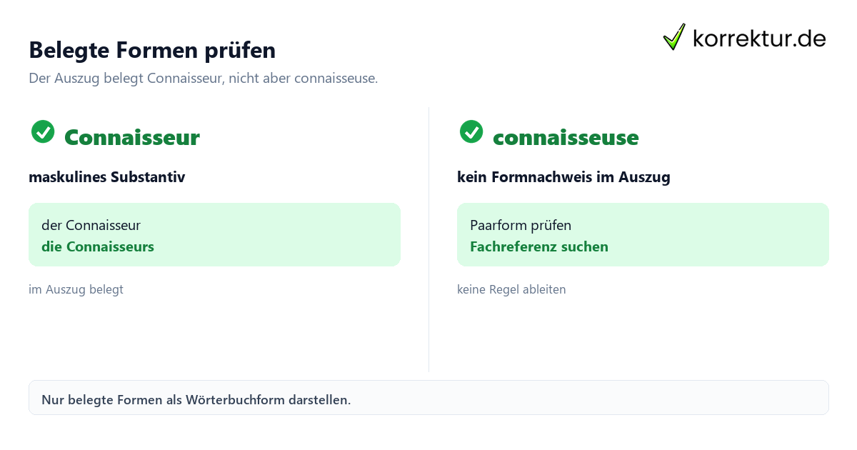 Connaisseur und Connaisseuse richtig einordnen: belegte Formen im Vergleich
