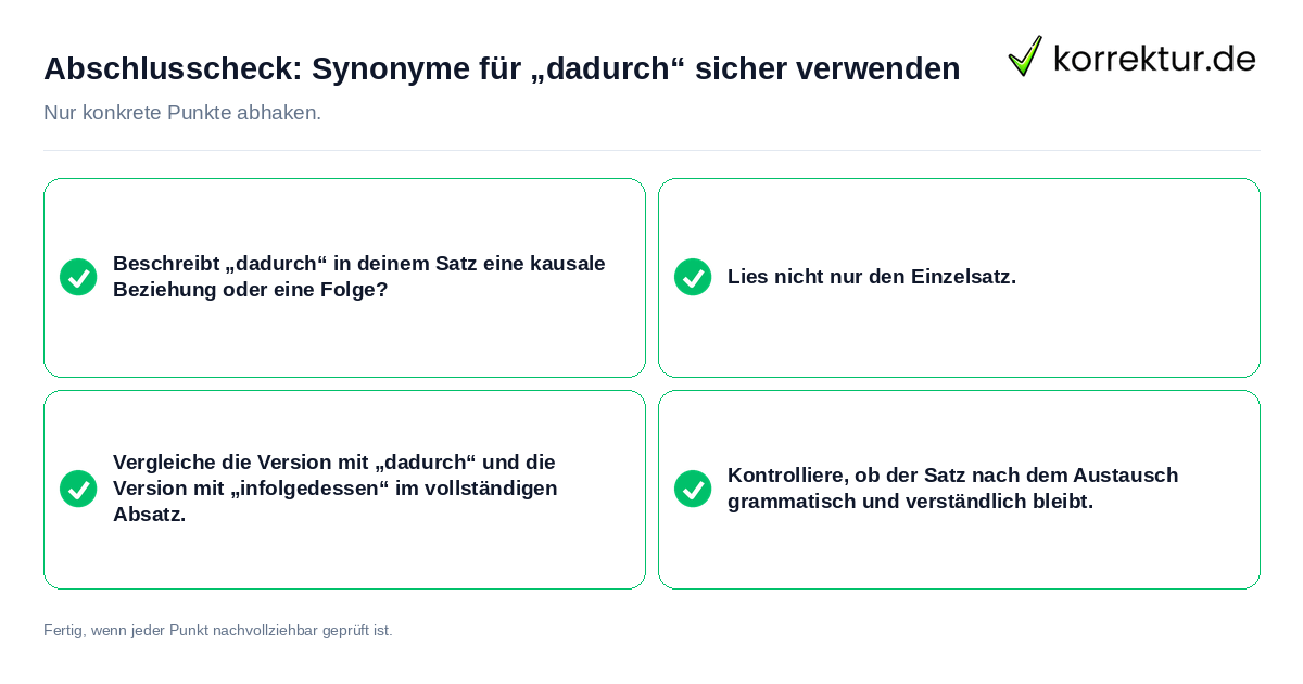 Konkreter Abschlusscheck zu Synonyme für „dadurch“ sicher verwenden