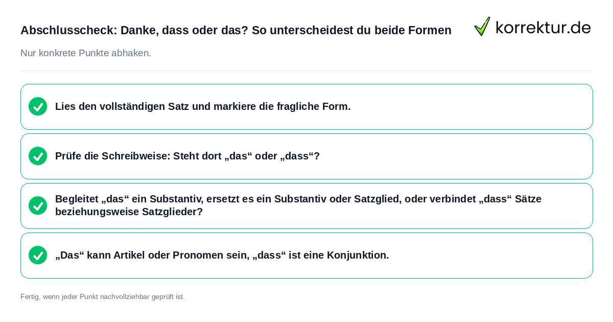 Konkreter Abschlusscheck zu Danke, dass oder das? So unterscheidest du beide Formen