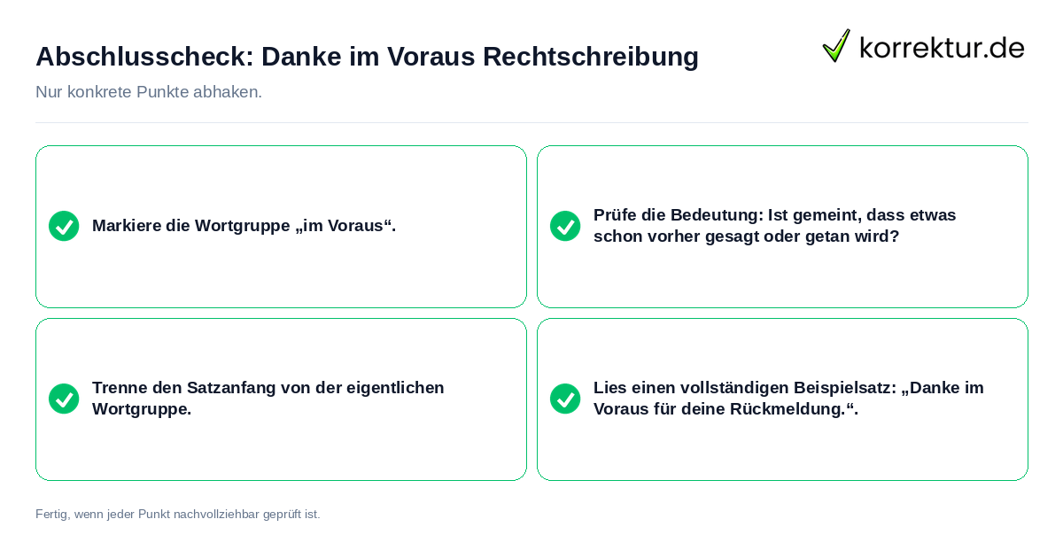 Konkreter Abschlusscheck zu Danke im Voraus Rechtschreibung