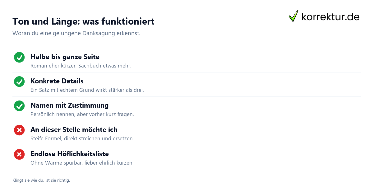 Danksagung Buch: Ton und Länge richtig treffen