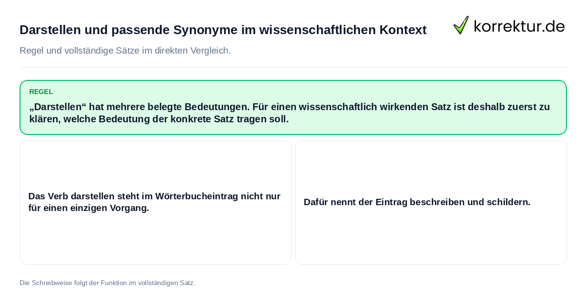 Konkrete Regel und vollständige Beispielsätze zu Darstellen und passende Synonyme im