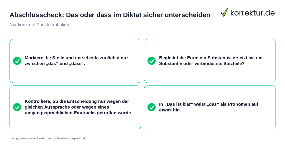 Konkreter Abschlusscheck zu Das oder dass im Diktat sicher unterscheiden