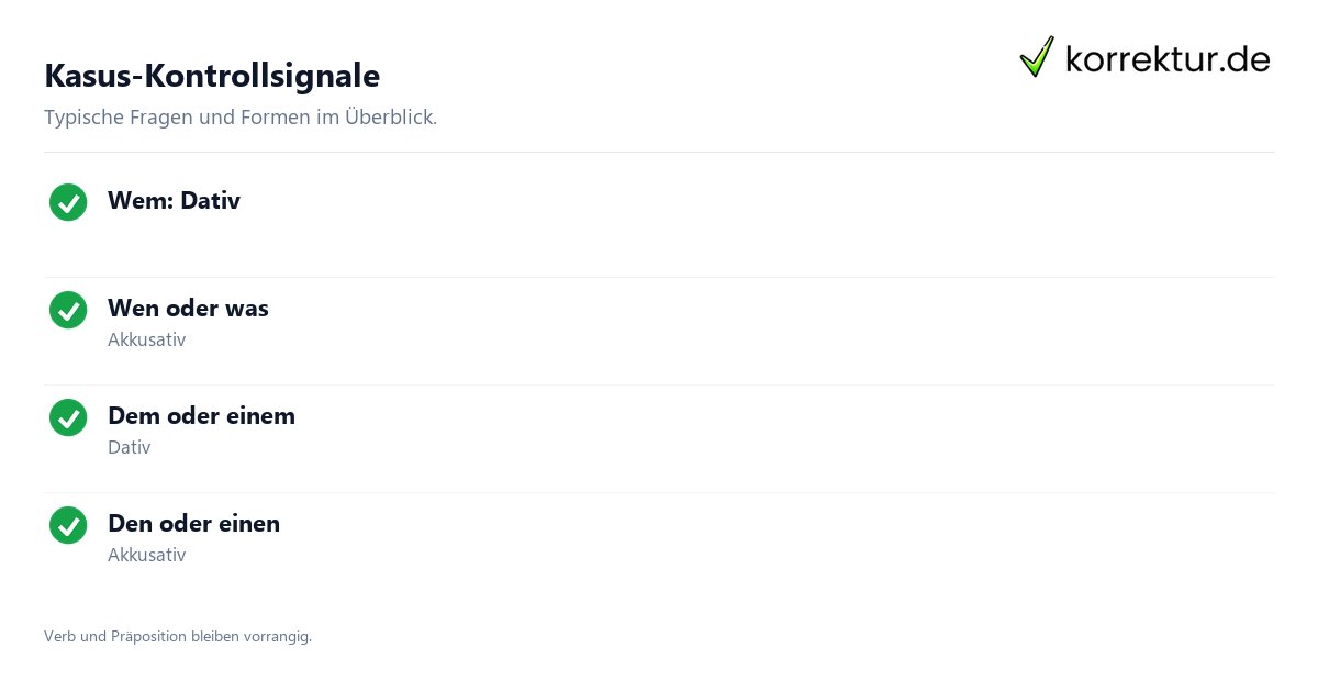 Kasus-Kontrollsignale Dativ Akkusativ Tabelle