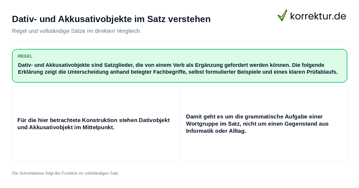 Konkrete Regel und vollständige Beispielsätze zu Dativ- und Akkusativobjekte im Satz verstehen