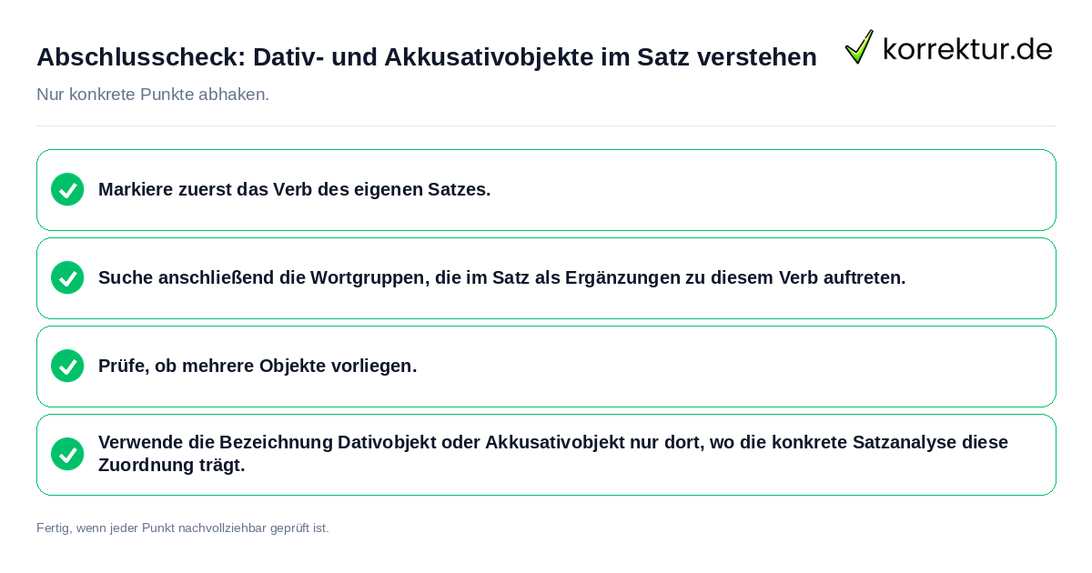 Konkreter Abschlusscheck zu Dativ- und Akkusativobjekte im Satz verstehen