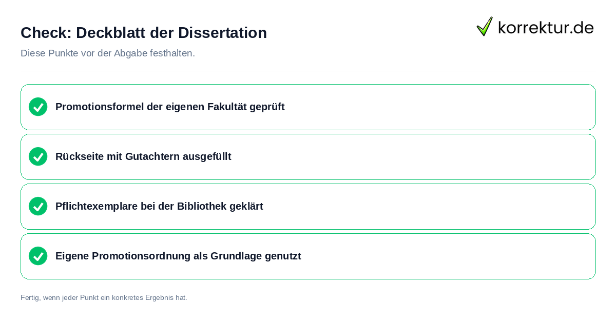 Deckblatt der Dissertation: Prüfliste mit vier Punkten
