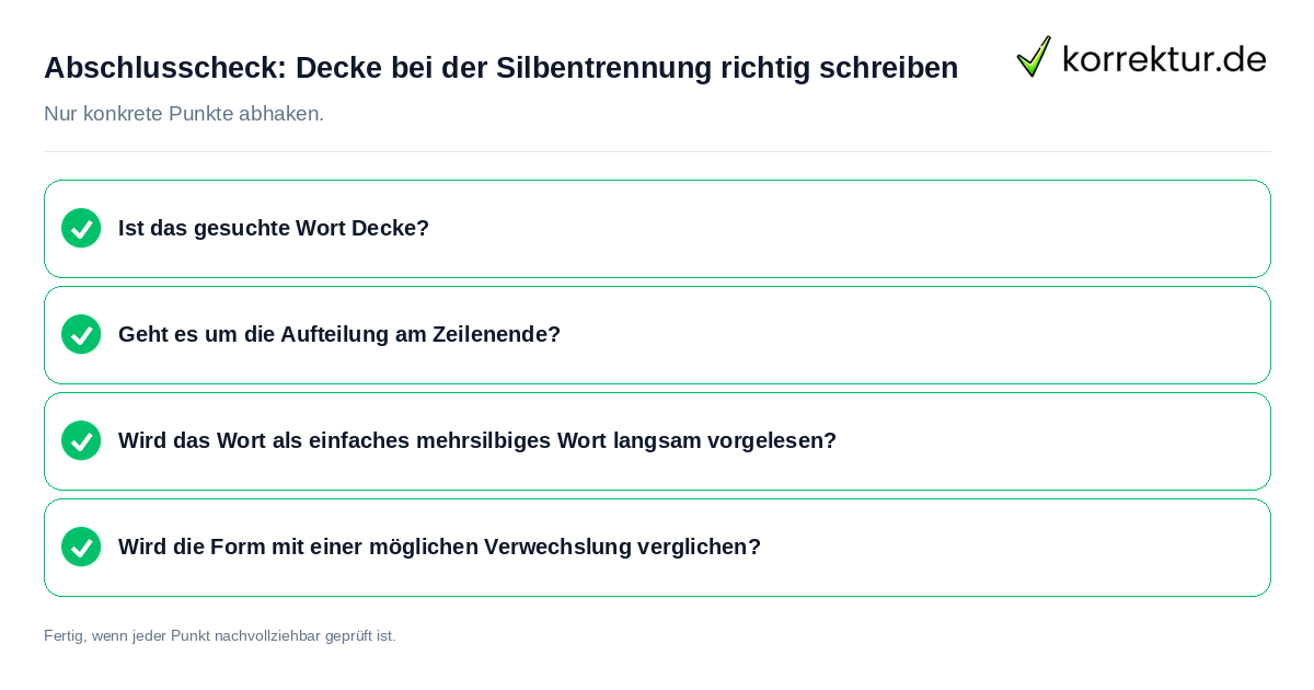Konkreter Abschlusscheck zu Decke bei der Silbentrennung richtig schreiben