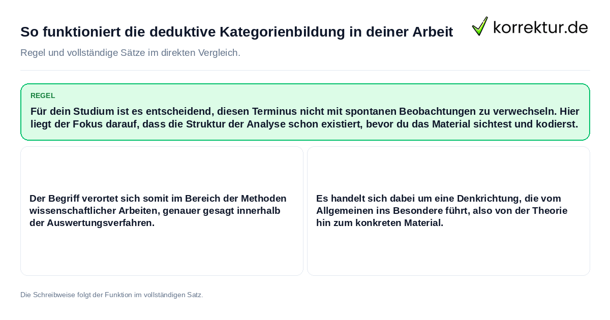 So funktioniert die deduktive Kategorienbildung in deiner Arbeit Konkrete Regel und vollständige Beispielsätze zu So funktioniert die deduktive Kategorienbildung in