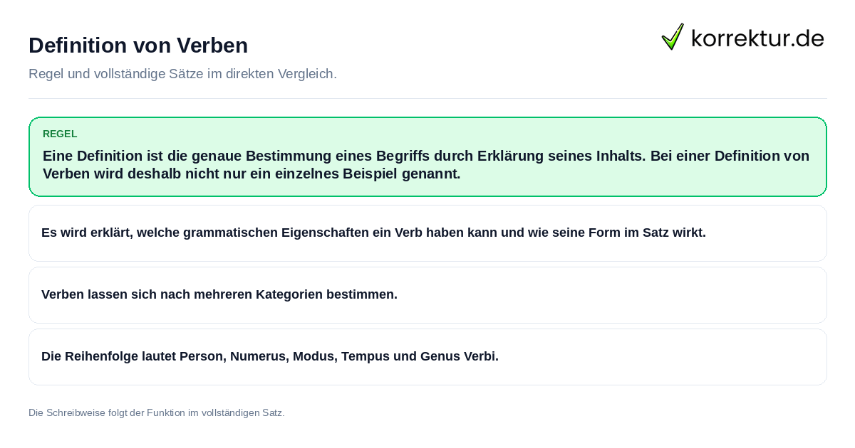 Konkrete Regel und vollständige Beispielsätze zu Definition von Verben