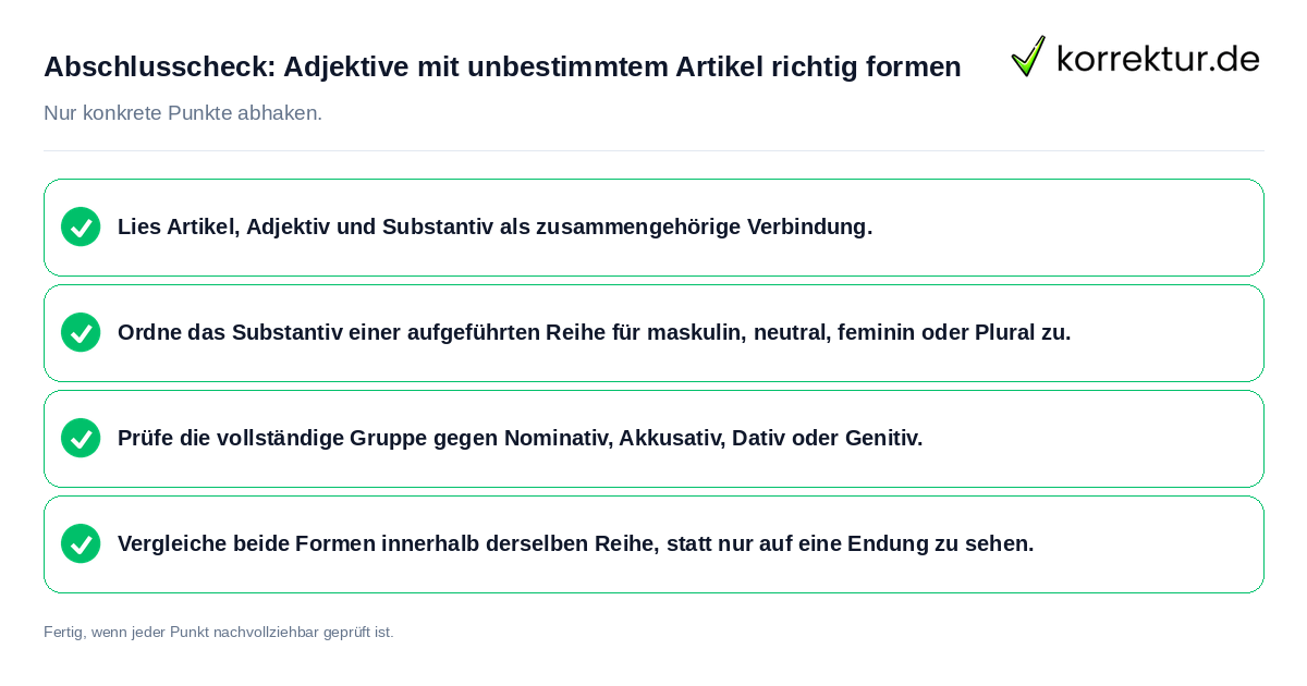 endungen unbestimmtem: Abschlusscheck: Adjektive mit unbestimmtem Artikel richtig formen endungen unbestimmtem: Konkreter Abschlusscheck zu Adjektive mit unbestimmtem Artikel richtig formen