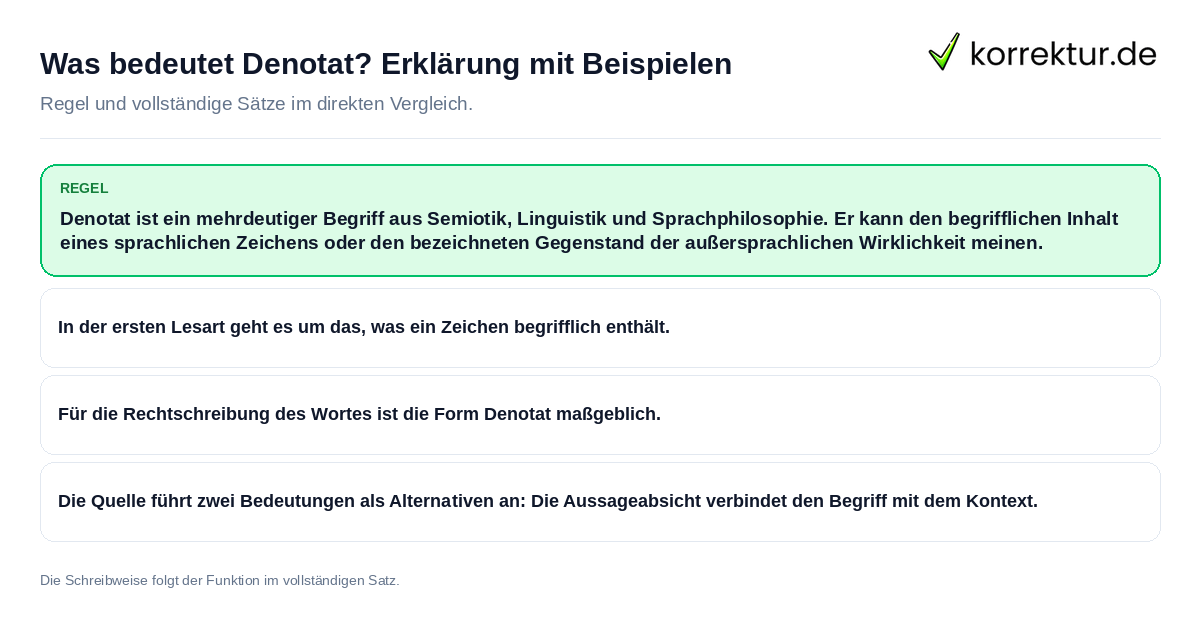 Konkrete Regel und vollständige Beispielsätze zu Was bedeutet Denotat? Erklärung mit Beispielen