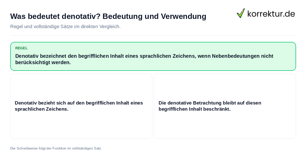 Konkrete Regel und vollständige Beispielsätze zu Was bedeutet denotativ? Bedeutung und Verwendung
