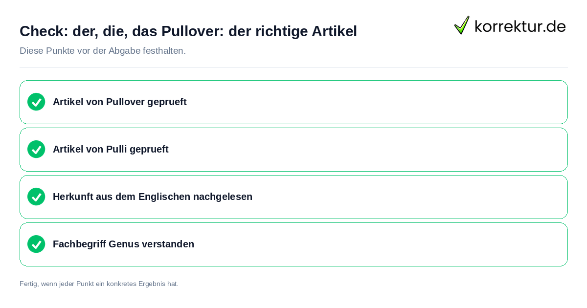 der, die, das Pullover: der richtige Artikel: Prüfliste mit vier Punkten
