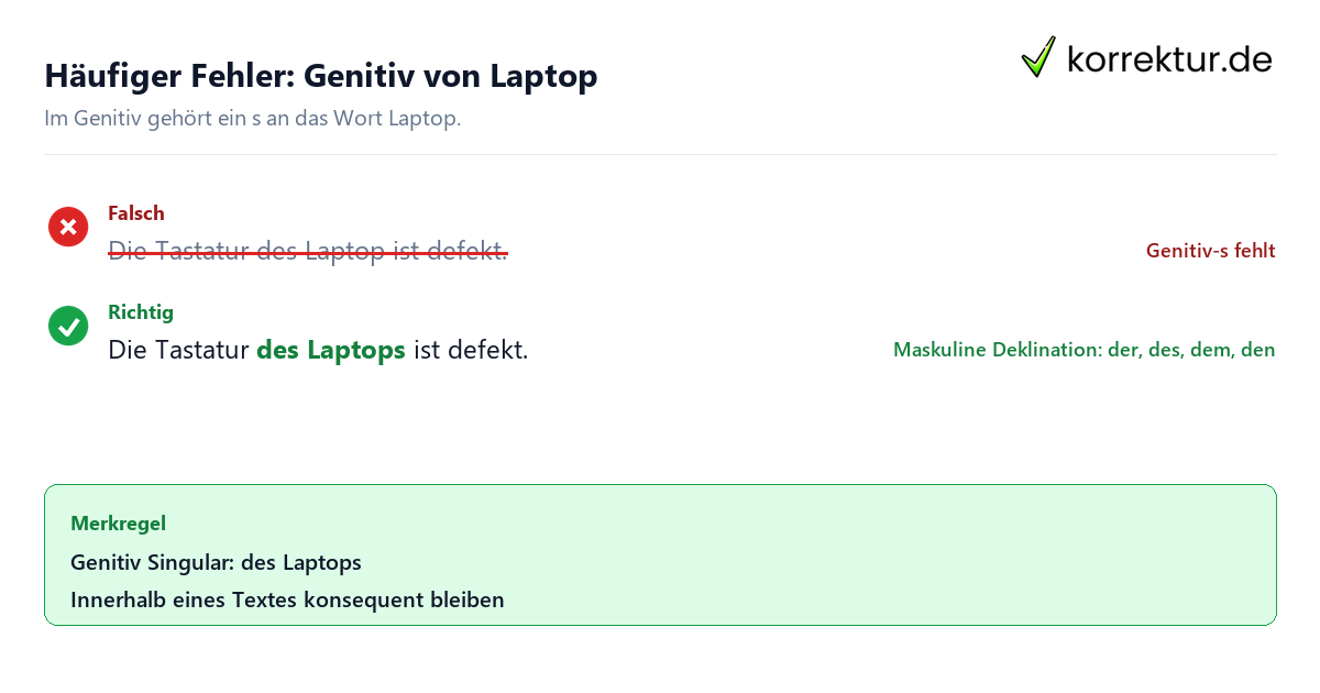Genitiv-Fehler bei Laptop korrigiert: des Laptops statt des Laptop