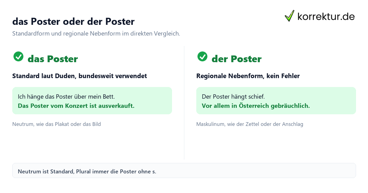 genus poster: das Poster oder der Poster genus poster: der oder das Poster: Vergleich Neutrum und Maskulinum