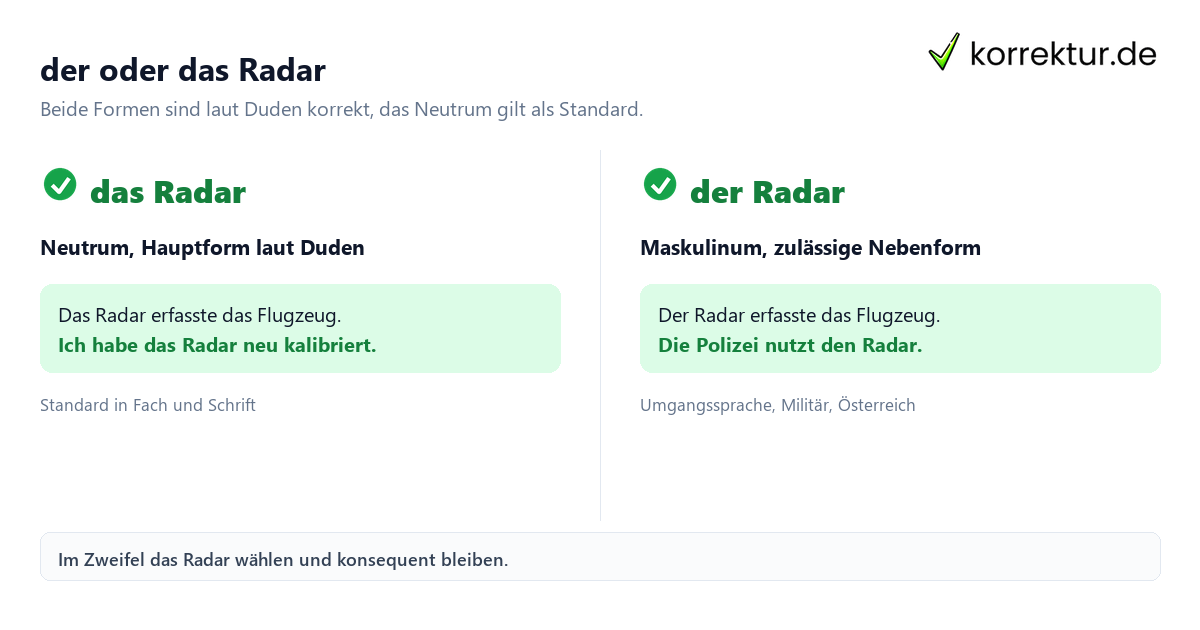der oder das Radar der oder das Radar Vergleich der beiden Genusformen