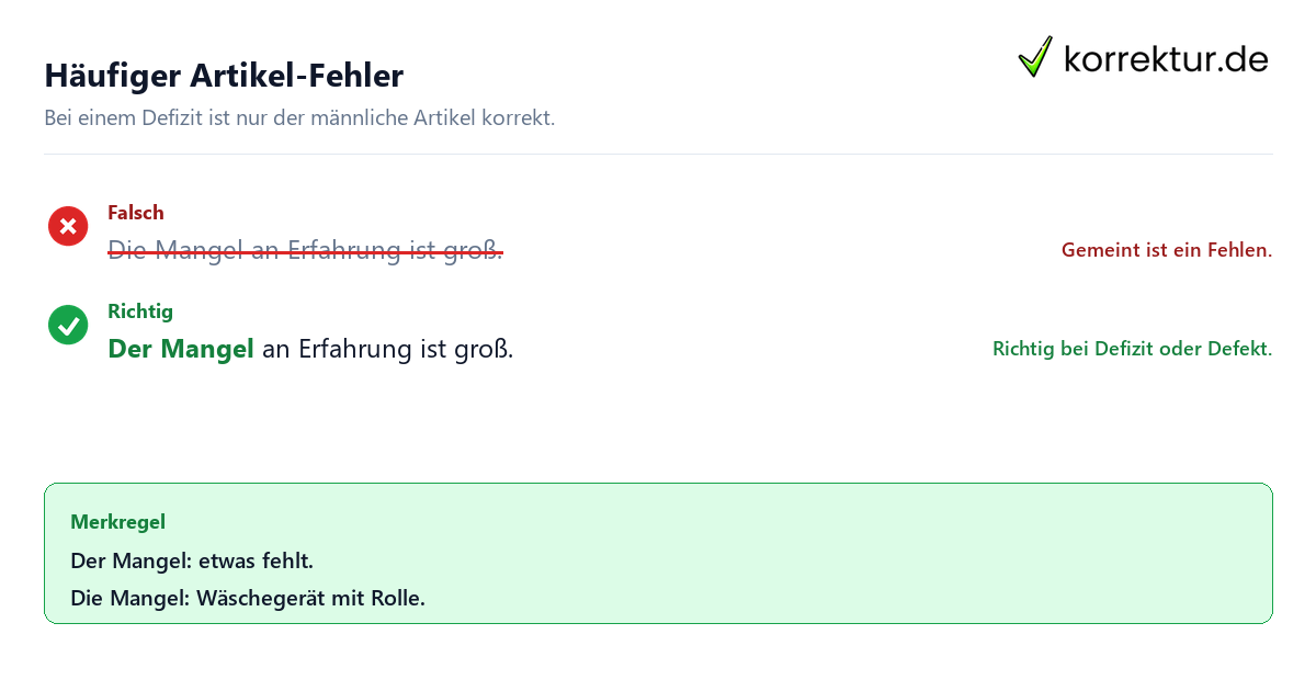 Häufiger Artikel-Fehler Der oder die Mangel richtig verwenden: Satzkorrektur