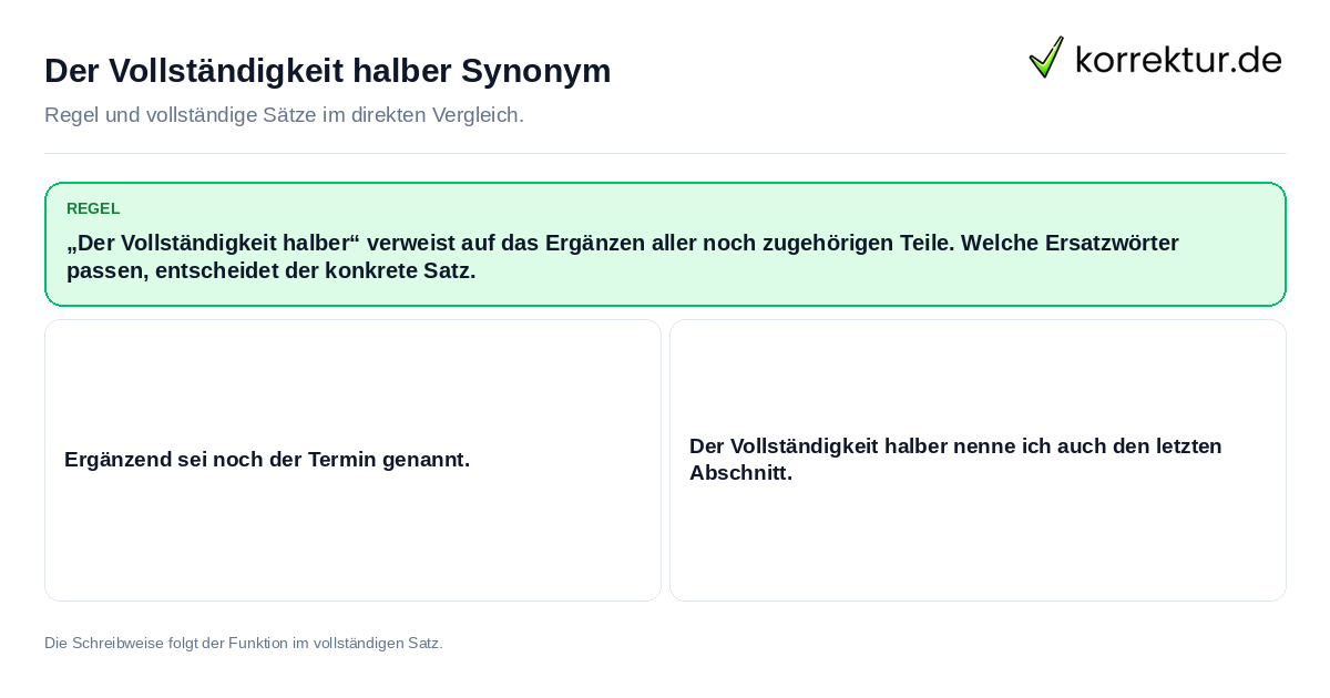 Der Vollständigkeit halber Synonym Konkrete Regel und vollständige Beispielsätze zu Der Vollständigkeit halber Synonym