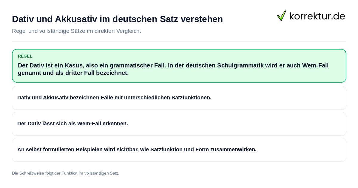 Dativ und Akkusativ im deutschen Satz verstehen Konkrete Regel und vollständige Beispielsätze zu Dativ und Akkusativ im deutschen Satz verstehen