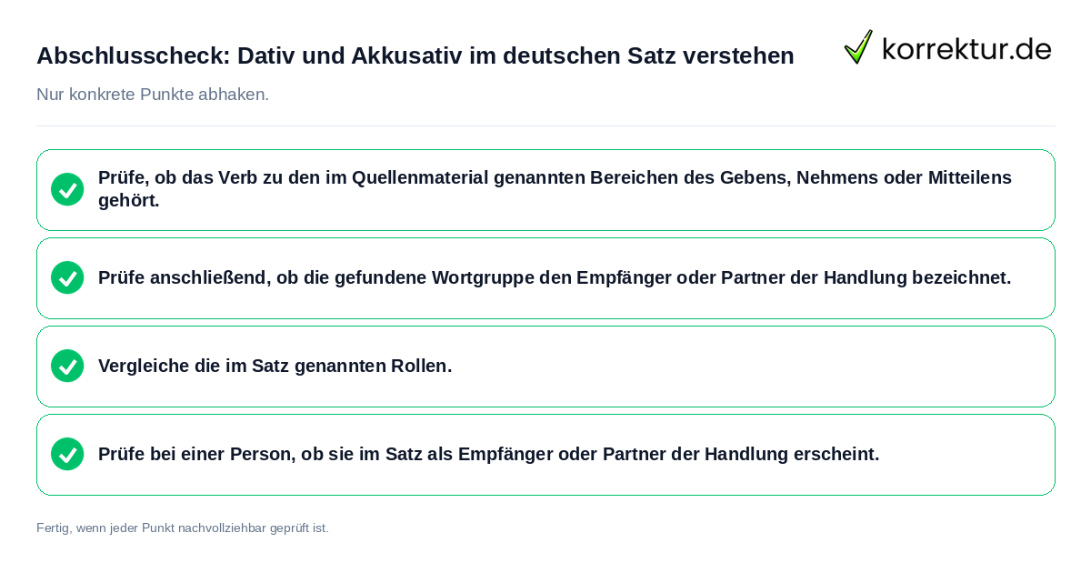 Abschlusscheck: Dativ und Akkusativ im deutschen Satz verstehen Konkreter Abschlusscheck zu Dativ und Akkusativ im deutschen Satz verstehen