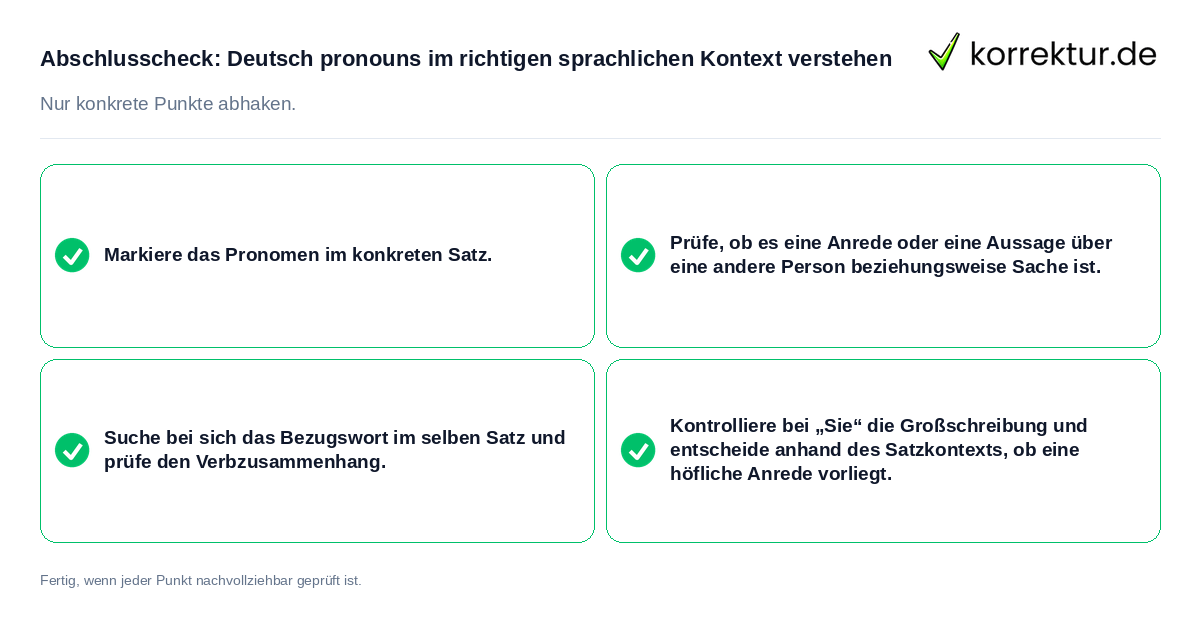 Konkreter Abschlusscheck zu Deutsch pronouns im richtigen sprachlichen Kontext verstehen