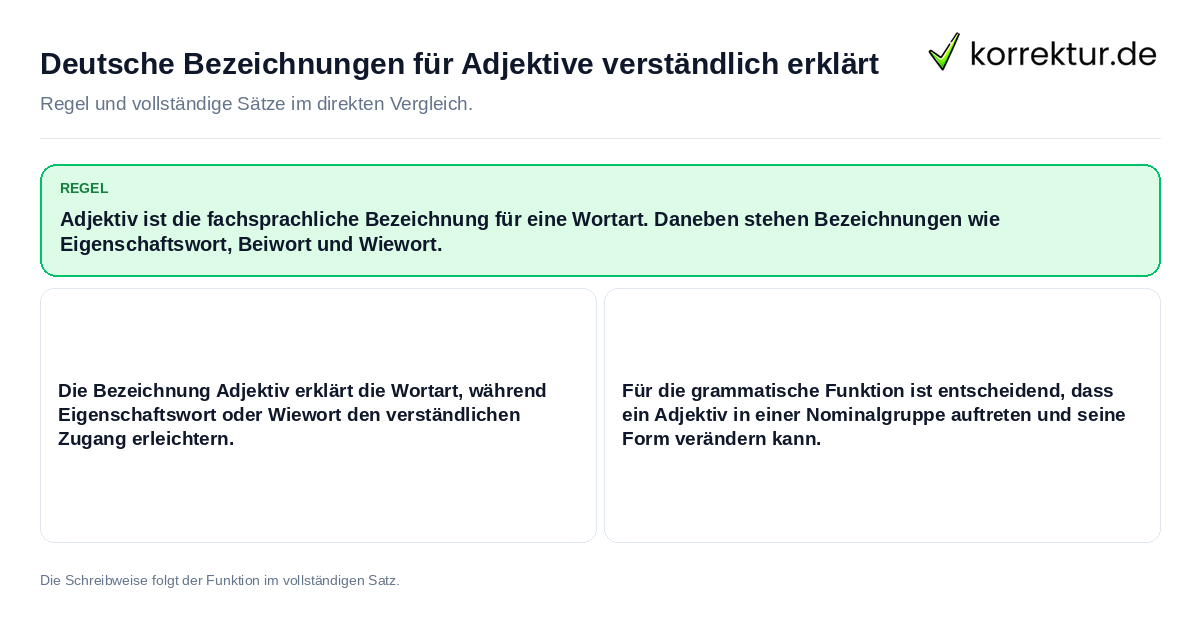 Deutsche Bezeichnungen für Adjektive verständlich erklärt Konkrete Regel und vollständige Beispielsätze zu Deutsche Bezeichnungen für Adjektive verständlich