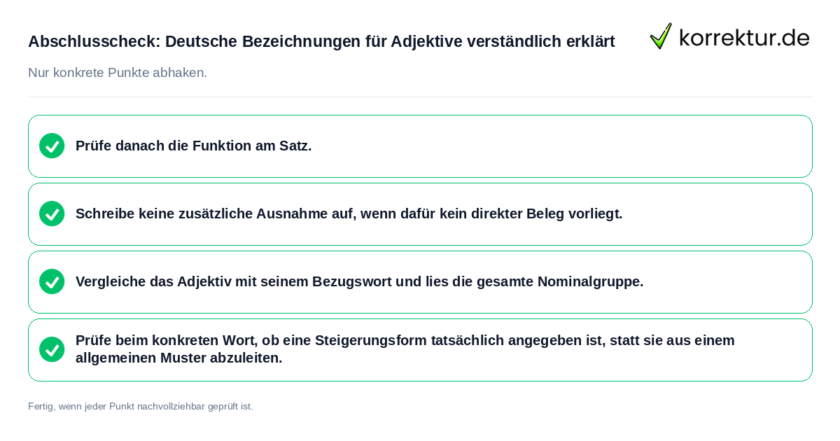 Abschlusscheck: Deutsche Bezeichnungen für Adjektive verständlich erklärt Konkreter Abschlusscheck zu Deutsche Bezeichnungen für Adjektive verständlich erklärt