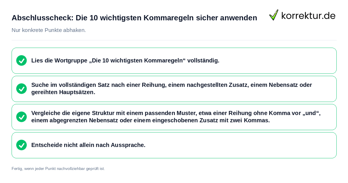 Konkreter Abschlusscheck zu Die 10 wichtigsten Kommaregeln sicher anwenden
