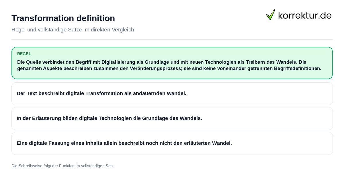 Konkrete Regel und vollständige Beispielsätze zu Transformation definition