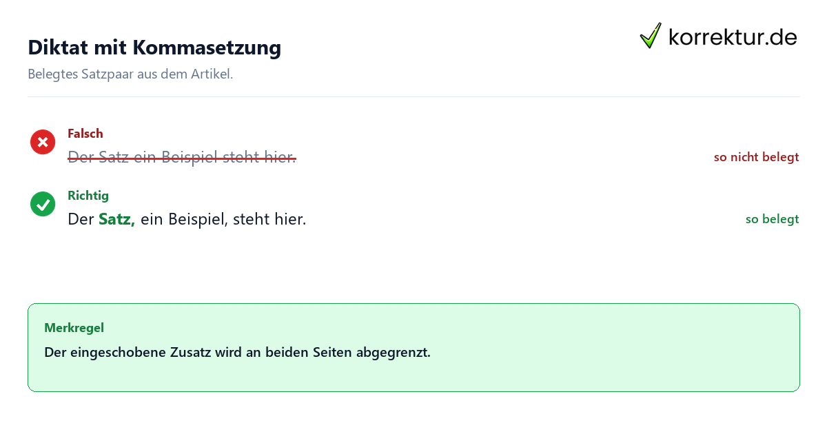 Falsches und richtiges Satzbeispiel zu Diktat mit Kommasetzung
