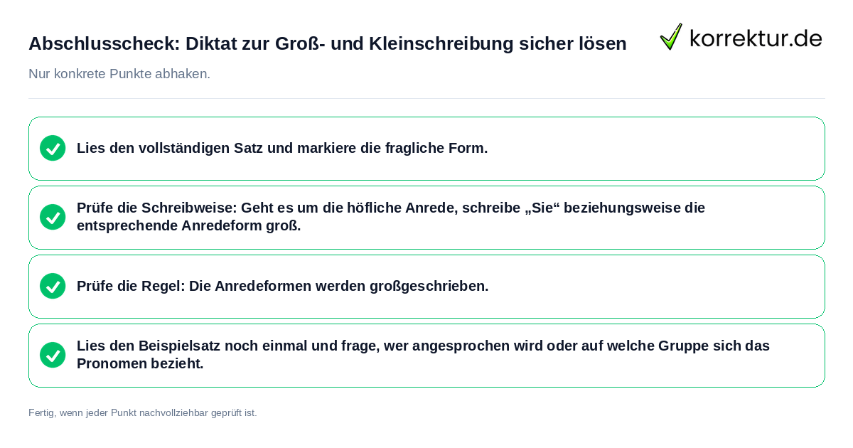 Konkreter Abschlusscheck zu Diktat zur Groß- und Kleinschreibung sicher lösen