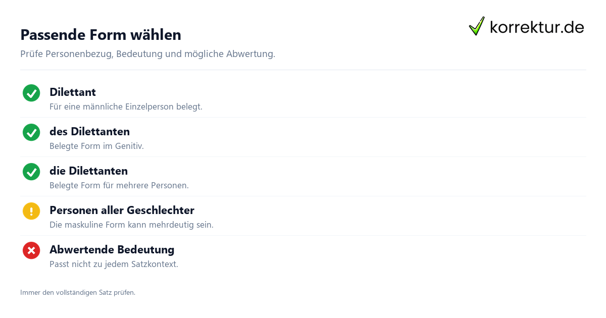Passende Form wählen Dilettant gendern: Formen und Alternativen im Satz prüfen
