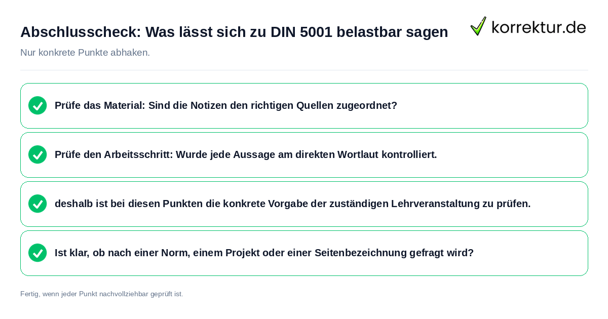 Konkreter Abschlusscheck zu Was lässt sich zu DIN 5001 belastbar sagen