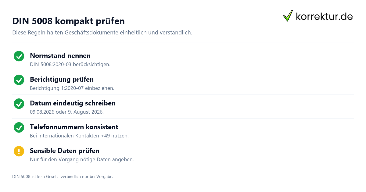DIN 5008 kompakt prüfen DIN 5008: Aufbau und Regeln für klare Geschäftskommunikation, Formatierungsregeln prüfen