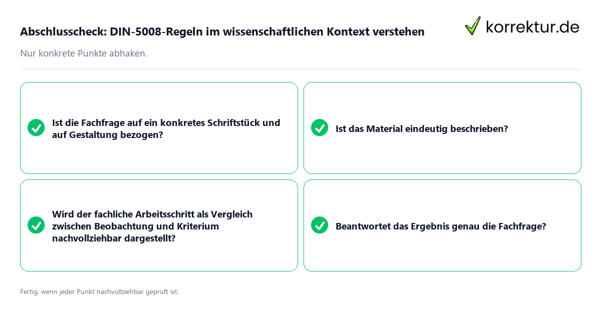 Konkreter Abschlusscheck zu DIN-5008-Regeln im wissenschaftlichen Kontext verstehen