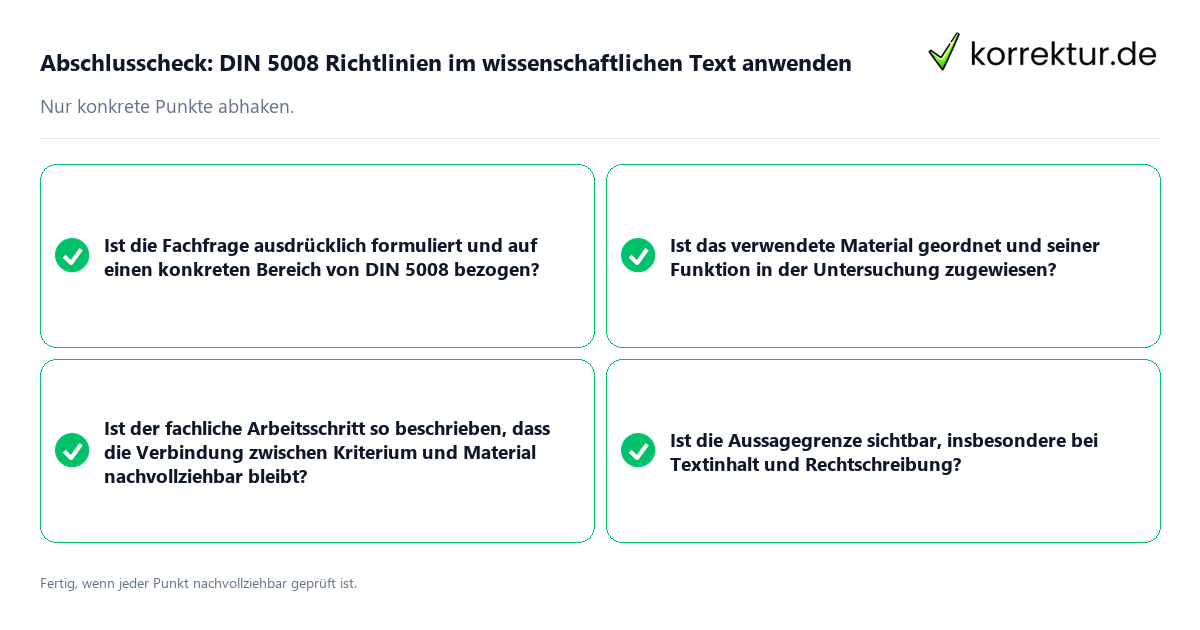 Abschlusscheck: DIN 5008 Richtlinien im wissenschaftlichen Text anwenden Konkreter Abschlusscheck zu DIN 5008 Richtlinien im wissenschaftlichen Text anwenden