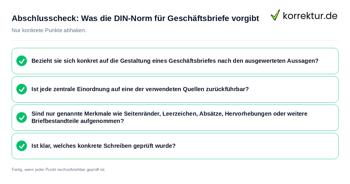 Konkreter Abschlusscheck zu Was die DIN-Norm für Geschäftsbriefe vorgibt