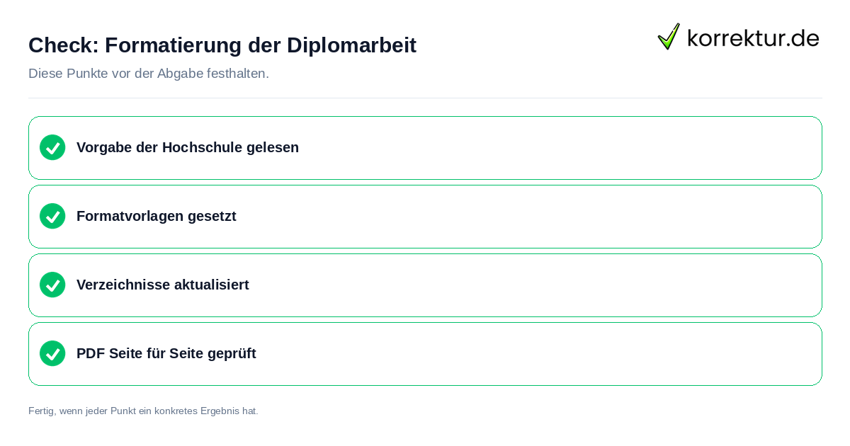 Check: Formatierung der Diplomarbeit Formatierung der Diplomarbeit: Prüfliste mit vier Punkten