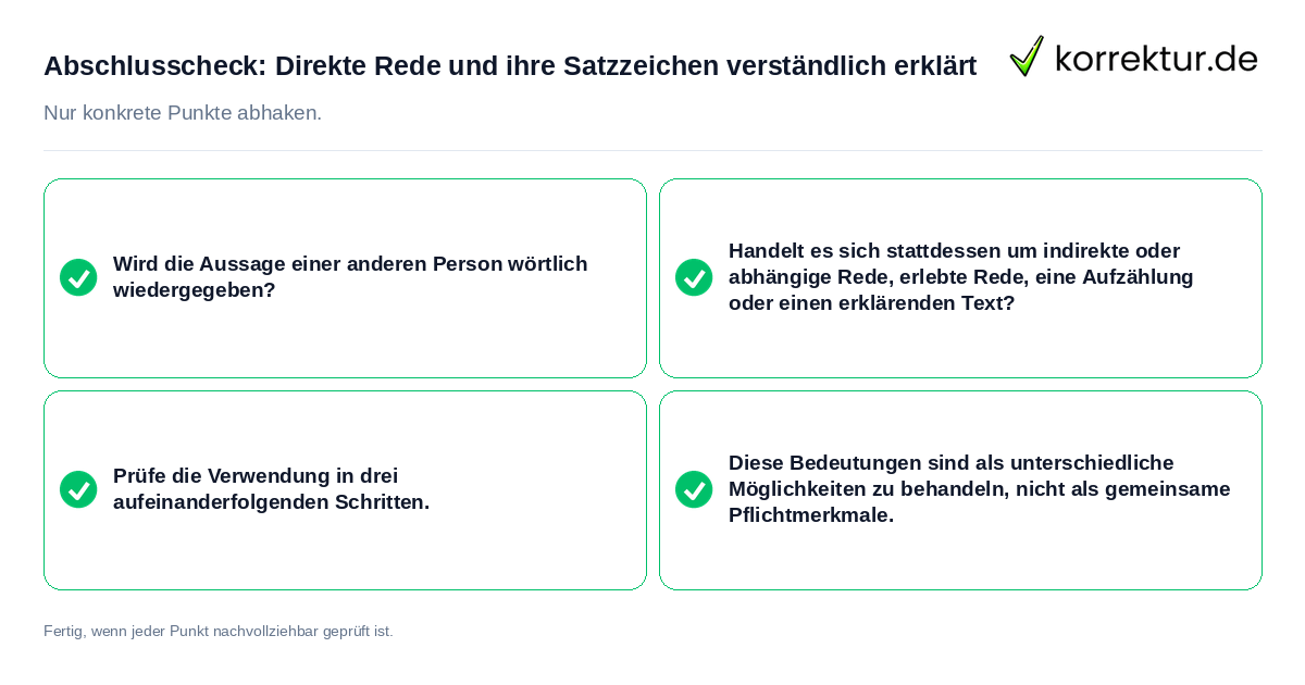 Konkreter Abschlusscheck zu Direkte Rede und ihre Satzzeichen verständlich erklärt