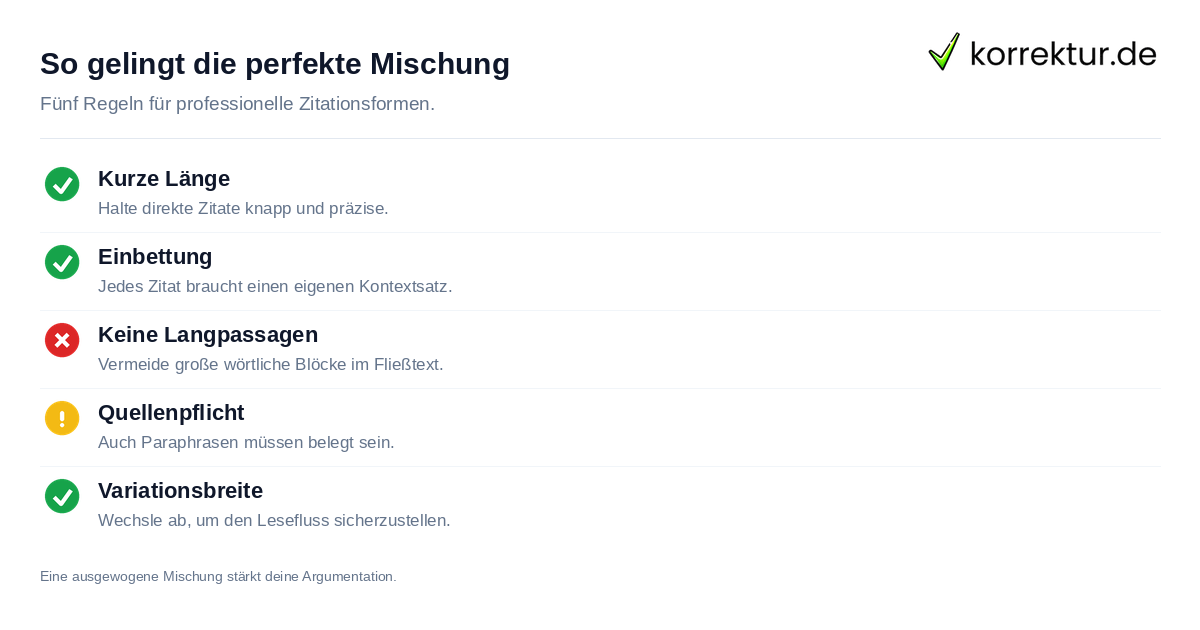 So gelingt die perfekte Mischung Checkliste: Direkte und indirekte Zitate korrekt kombinieren