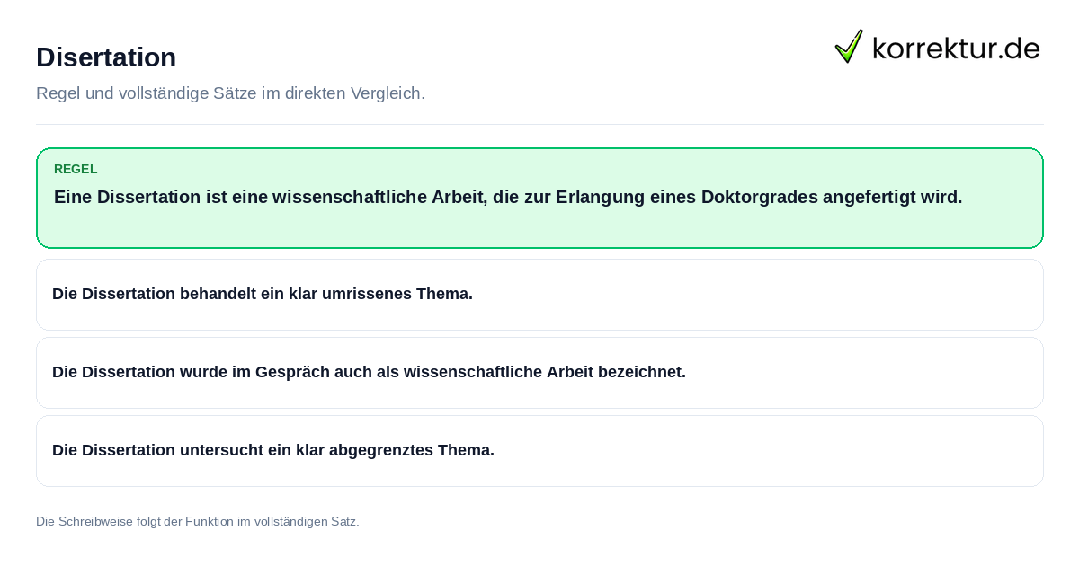 Konkrete Regel und vollständige Beispielsätze zu Disertation