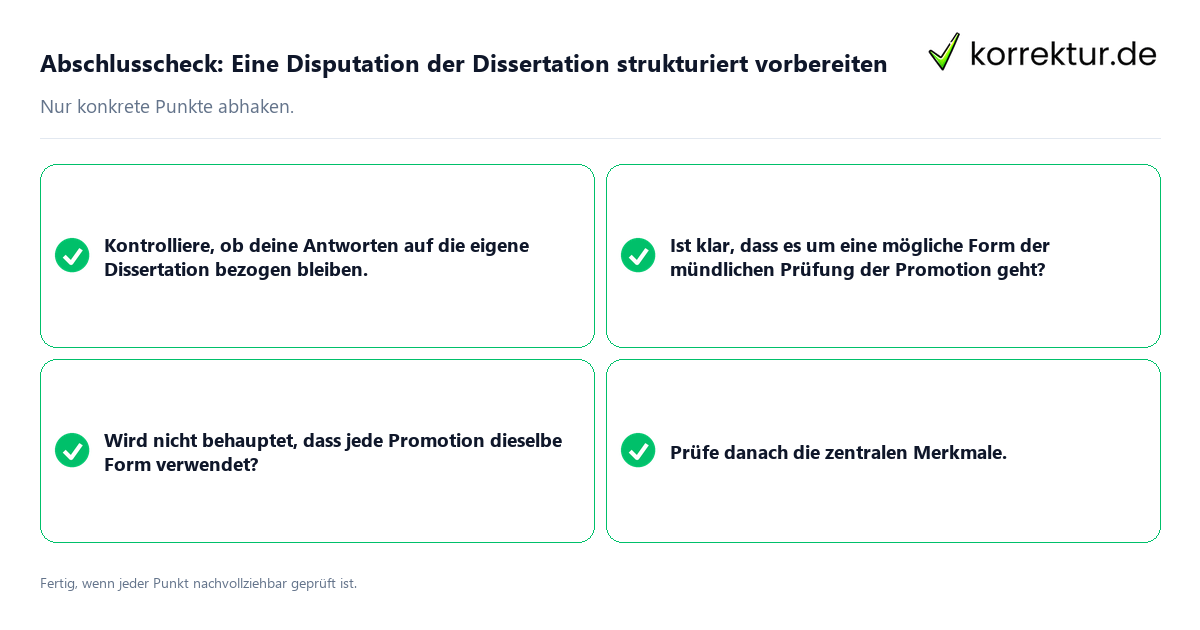 Konkreter Abschlusscheck zu Eine Disputation der Dissertation strukturiert vorbereiten