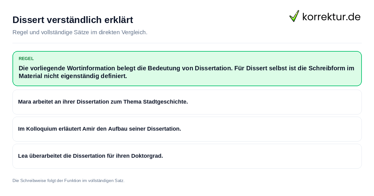 Konkrete Regel und vollständige Beispielsätze zu Dissert verständlich erklärt